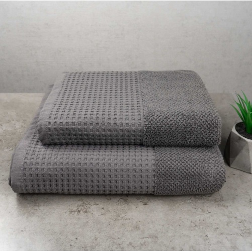 Комплект махрових рушників Вафельний Бордюр 2шт GM Textile 50х90см, 70х140см 500г/м2 (Сірий)