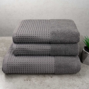 Комплект махрових рушників Вафельний Бордюр 3шт GM Textile 50х90см, 50х90см, 70х140см 500г/м2 (Сірий)