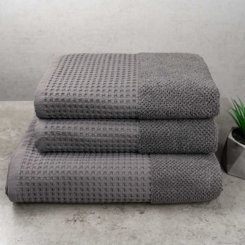 Комплект махрових рушників Вафельний Бордюр 3шт GM Textile 50х90см, 50х90см, 70х140см 500г/м2 (Сірий)