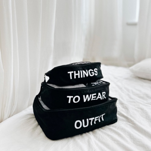 Комплект бавовняних сумок для речей OUTFIT, TO WEAR, THINGS (Чорний)