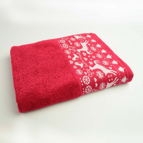 Махровий рушник для обличчя та рук Новорічний Merry Christmas Олені GM Textile 50х90см 500г/м2 (Червоний)