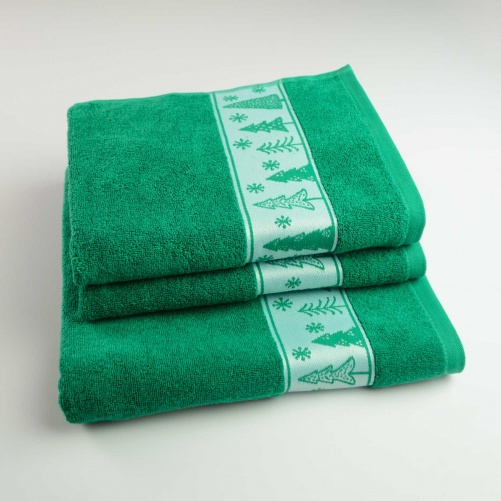 Комплект махровых полотенец Новогодние Merry Christmas Елки 3шт GM Textile 50х90см, 50х90см, 70х140см 500г/м2 (Зеленый)