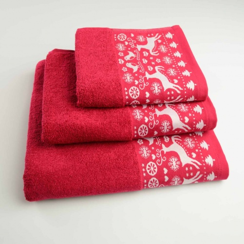 Комплект махрових рушників Новорічні Merry Christmas Олені 3шт GM Textile 40х70см, 50х90см, 70х140см 500г/м2 (Червоний)