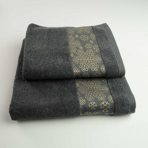 Комплект махрових рушників Новорічні Merry Christmas Сніг 2шт GM Textile 50х90см, 70х140см 500г/м2 (Темно-Сірий)