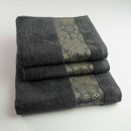 Комплект махрових рушників Новорічні Merry Christmas Сніг 3шт GM Textile 50х90см, 50х90см, 70х140см 500г/м2 (Темно-Сірий)